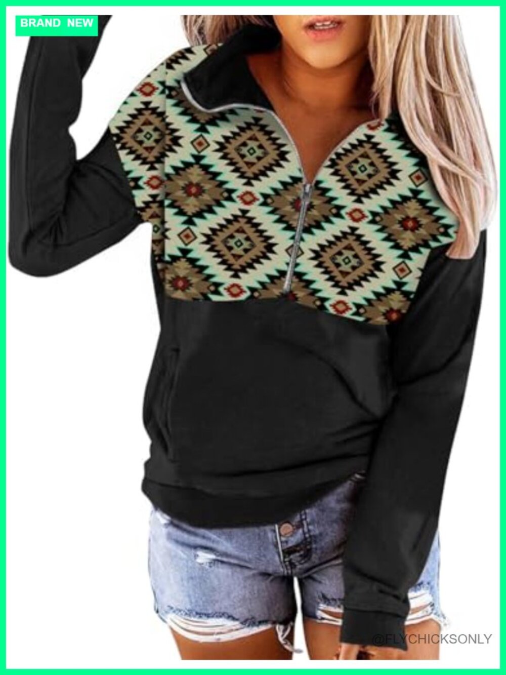 Aztec Print Half Zip Pullover Sweatshirt Western Cowgirl Ethnic Style Hoodie